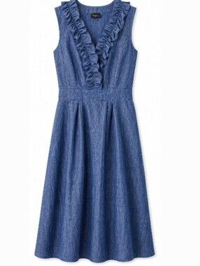 Ruffled V-Neck Sleeveless Chambray Dress - Blue